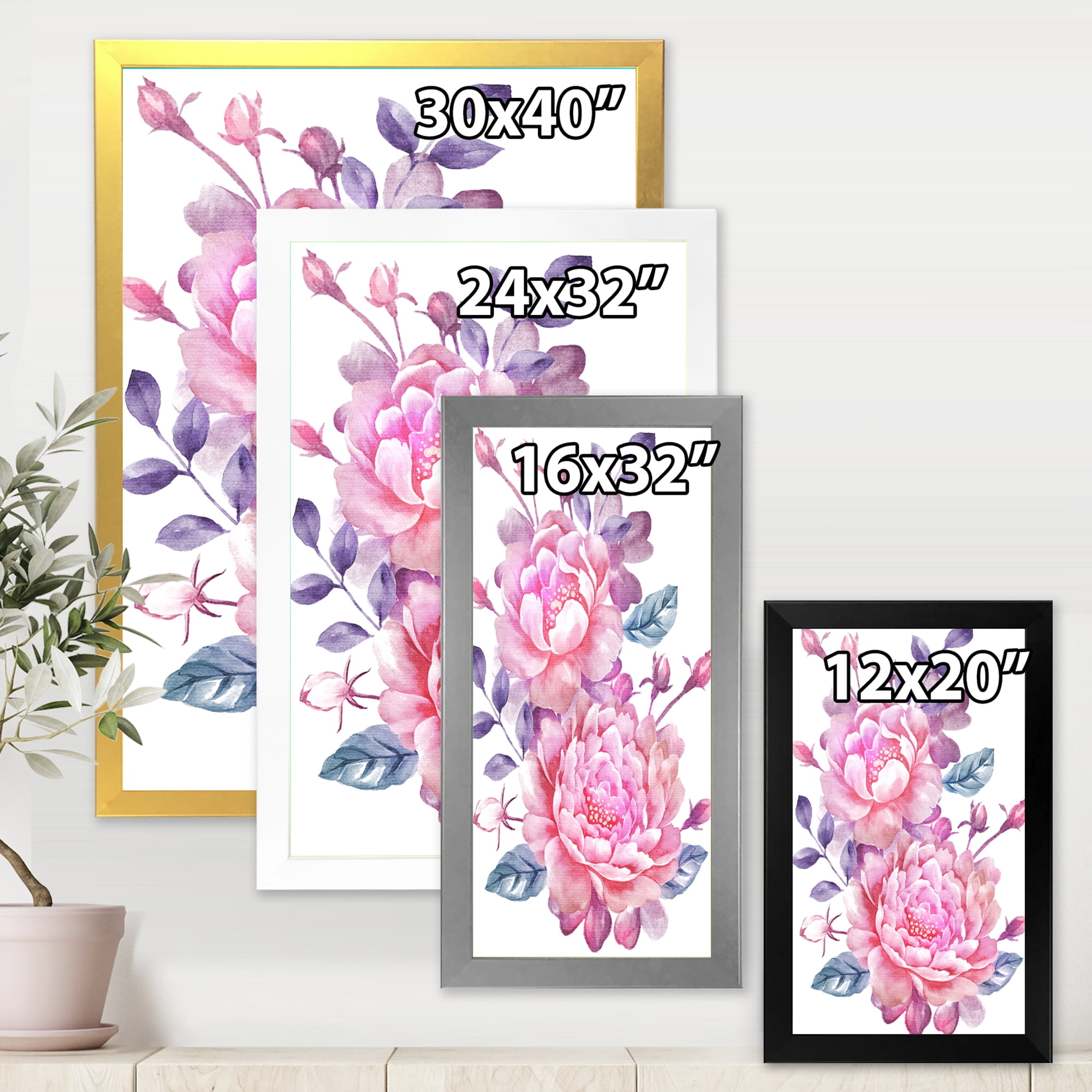 Designart 'Pink Retro Flowers With Blue Leaves On White' Traditional Framed Art Print