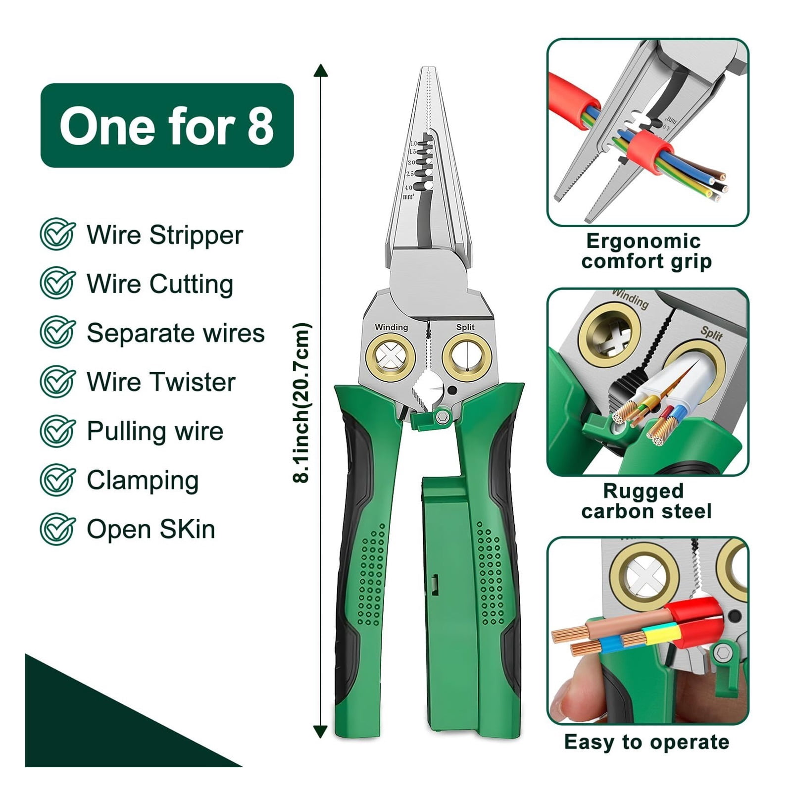 8-in-1 Wire Crimper Stripper with Voltage Detector & Dual Alarms - Heavy Duty 12-250V AC/DC Tester for Hot/Neutral Wires - Electrician, HVAC, Car Repair Tool