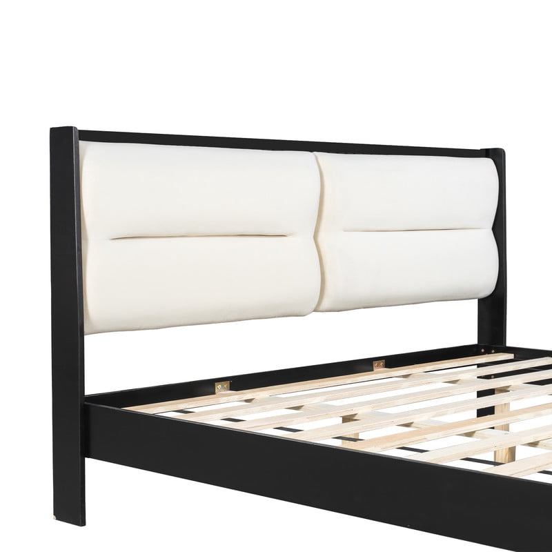Wooden King Size Platform Bed with Velvet Upholstered Headboard, Low-Profile Bed Frame with Slat Support No Box Spring Needed