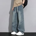 thumbnail image 4 of YLSDY Men's Vintage Washed Wide Leg Jeans, Stitched Details & Elastic Waist Drawstring, Retro Denim Trousers for Men Blue XL, 4 of 8
