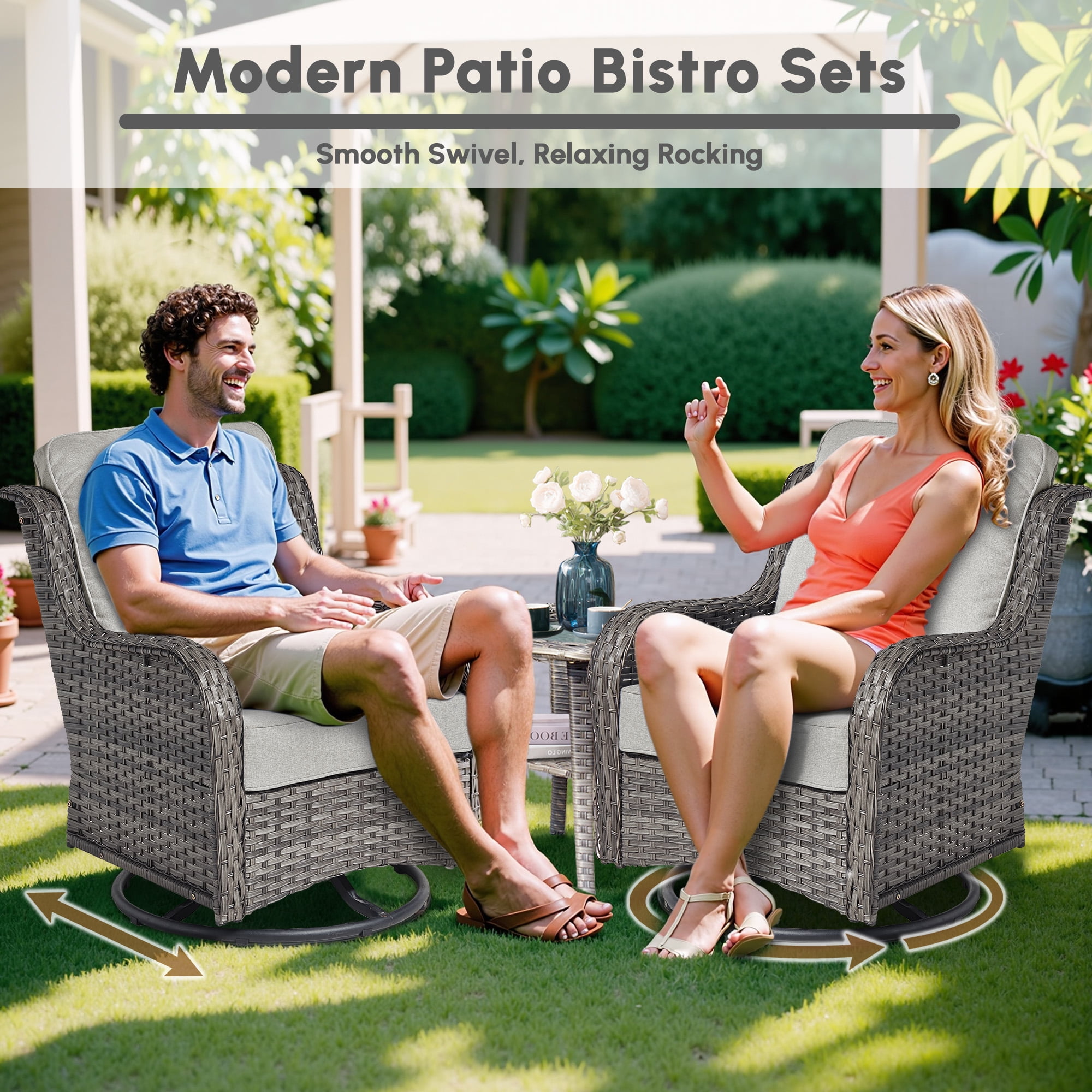 Ovios 7 Pieces Patio Furniture Set High Back All-Weather Wicker Sectional Outdoor Conversation Set with Swivel Chairs & Solar-Powered Coffee Table for Deck, Backyard, or Garden, Denim blue