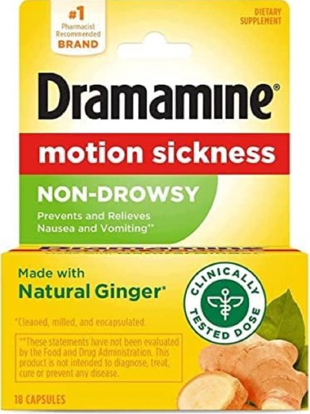 Dramamine Non-Drowsy Naturals W/ Natural Ginger, Motion Sickness Relief, 18 Capsules