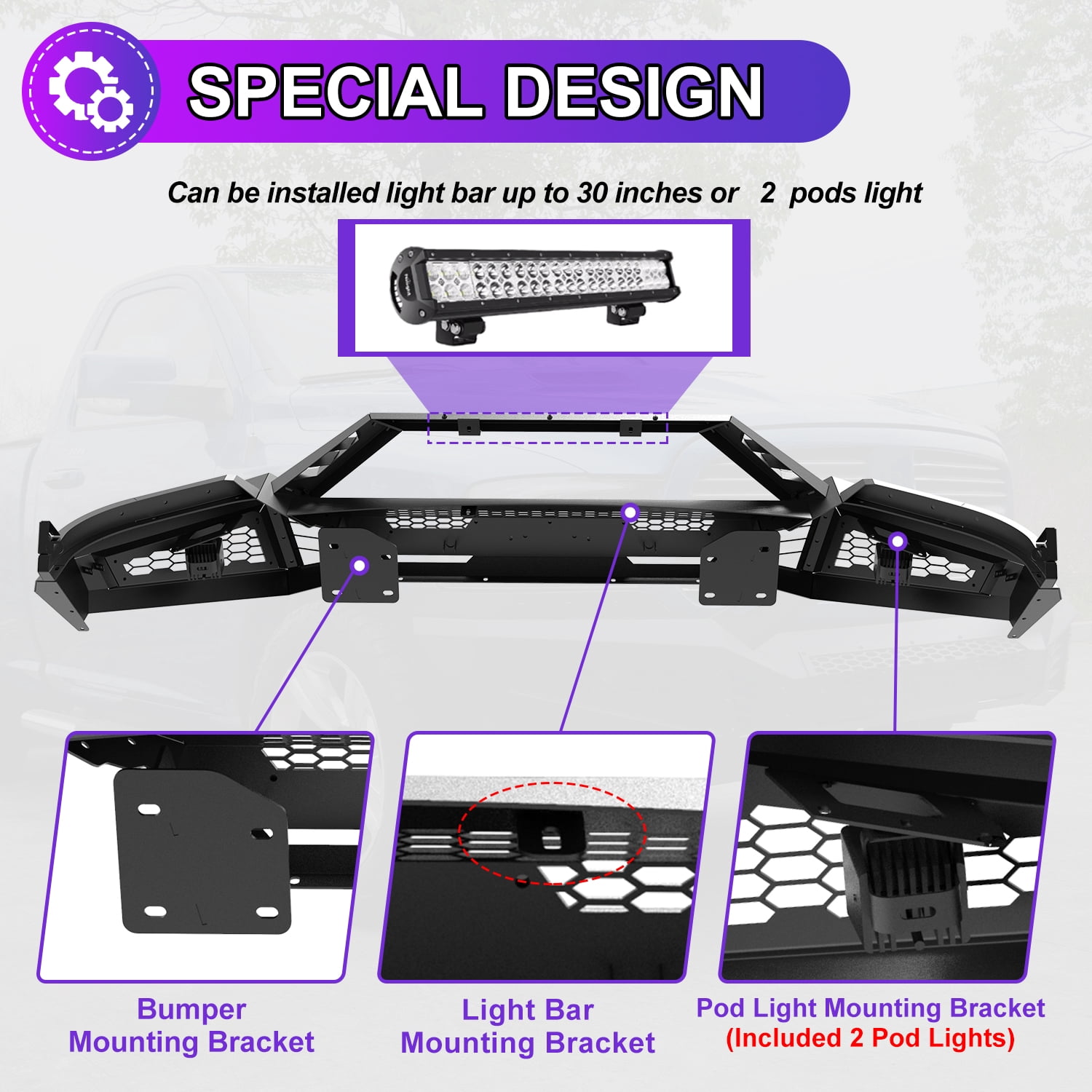 Front Bumper for 2013-2018 Dodge RAM 1500 Pickup Truck(w/o Rebel)2019-2024 Ram 1500 Classic(w/o Warlock),Paintable Bumper w/Bull Bar,LED Pod Light & Light Bar Bracket