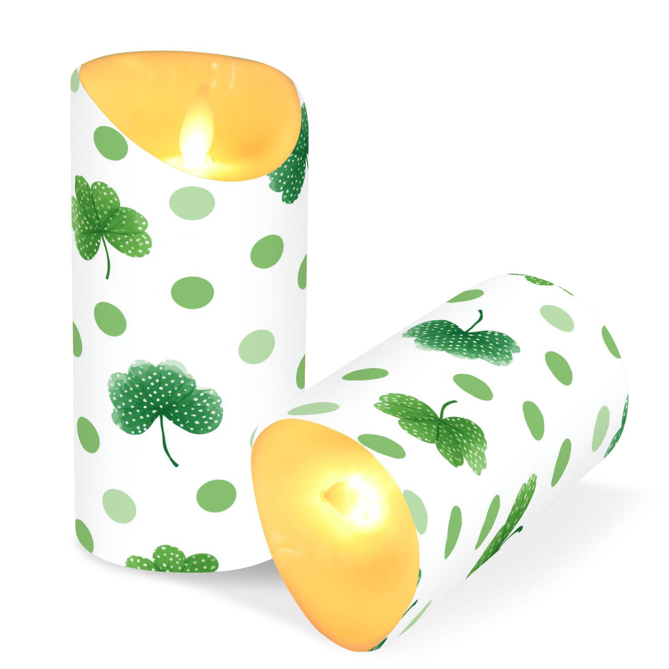 St Patricks Day Watercolor Dots Clovers Flickering Flameless Candles with Remote Timer Battery Operated LED Tealight Set of 2 M