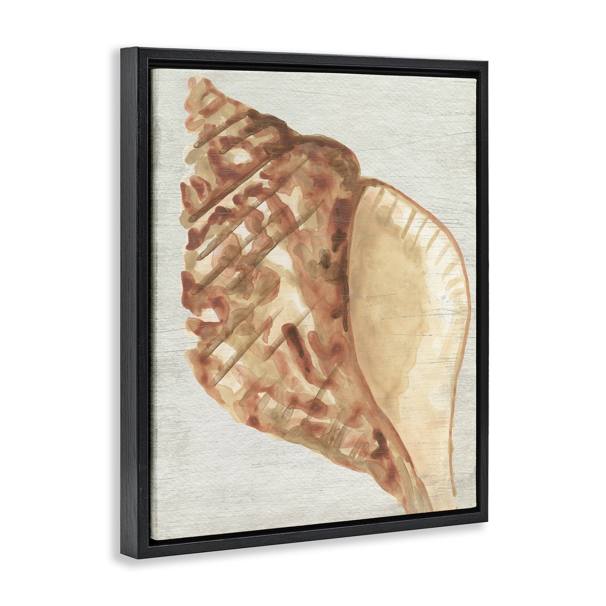 Stupell Industries Tan Conch Shell Nautical & Beach Painting Black Floater Framed Canvas Art Print Wall Art, 17 x 21