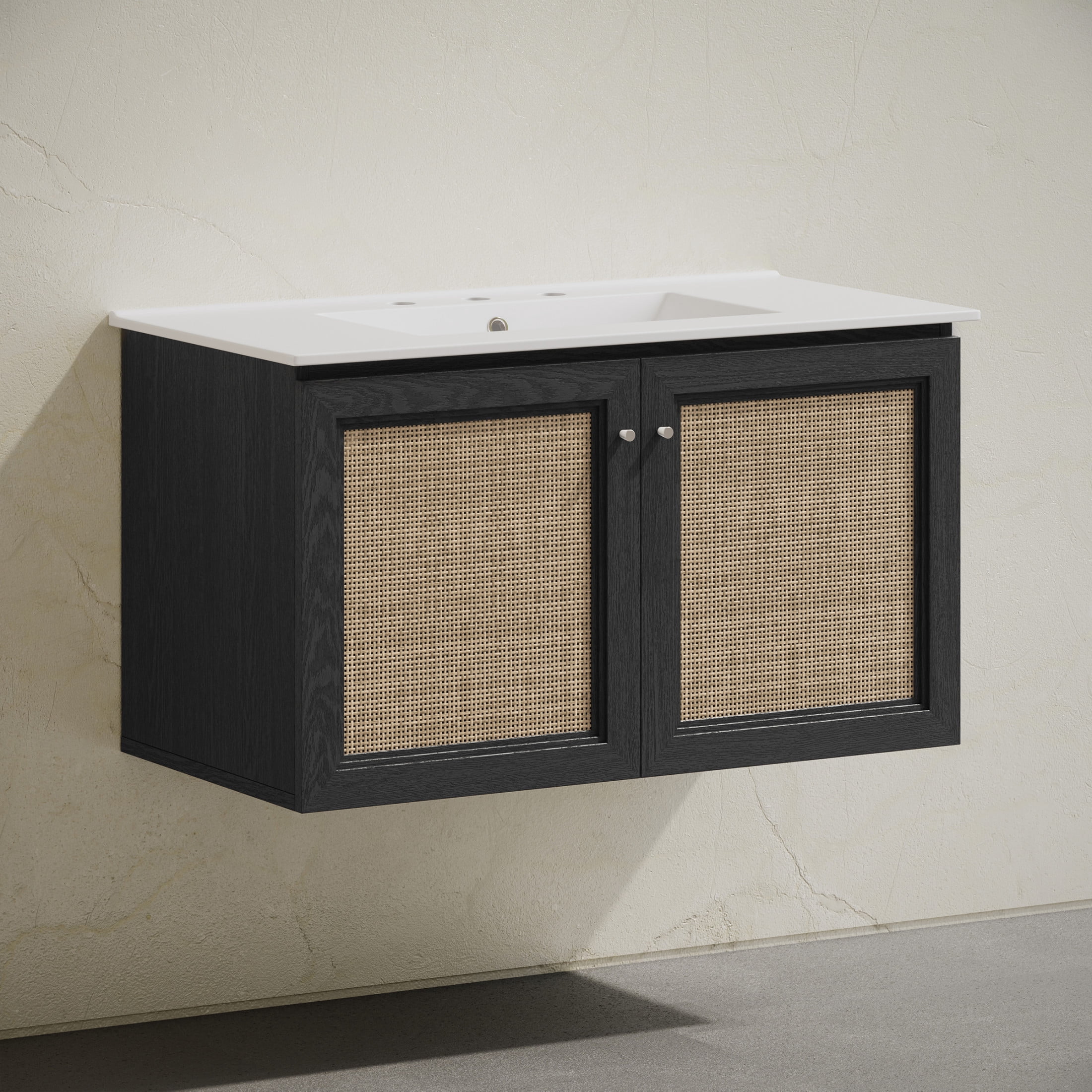 Classe 36" Wall-Mounted Bathroom Vanity in Black Oak with Widespread Faucet Holes Vanity Top