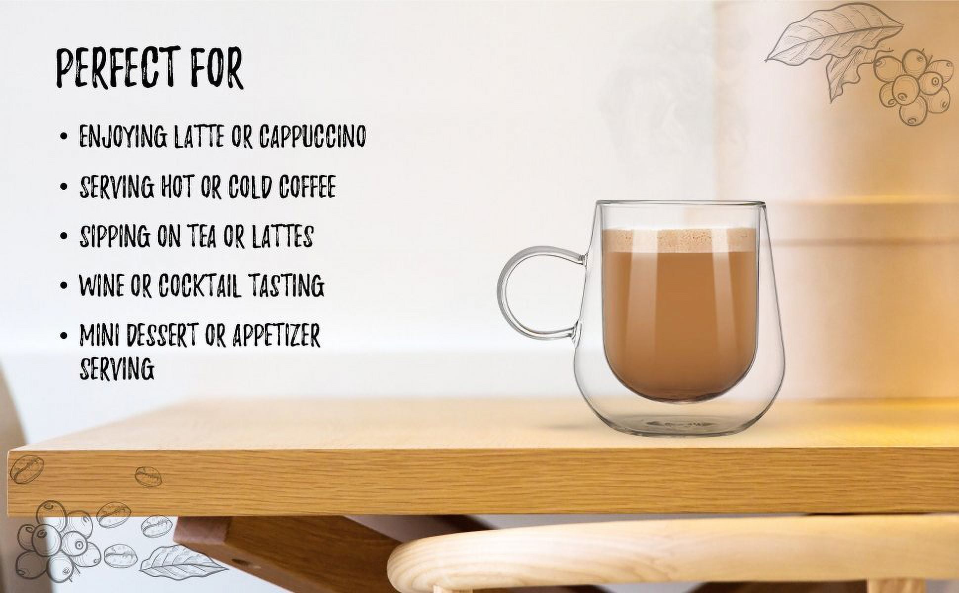 Bacimi Double Wall Insulated Coffee Mugs Set of 2 / 12oz - Clear Borosilicate Mug with Handle - Thermal Drinking Cups for Espresso, Cappuccino, Latte, Tea, Hot Beverage, Wine - Microwave Safe