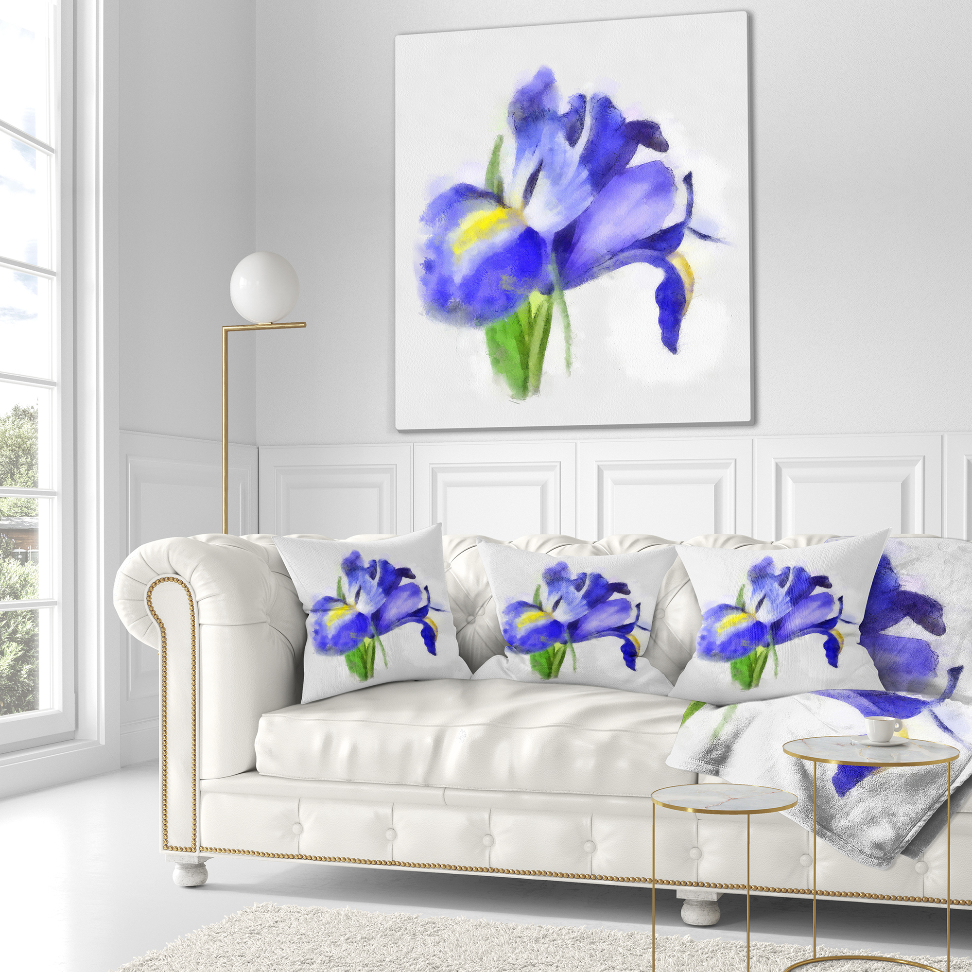 Designart Blue Iris Illustration Watercolor - Floral Throw Pillow - 18x18