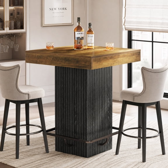 Fnova Industrial Counter Height Pub Cocktail Table, Square Bar Table with Metal Footrest, Rustic Brown
