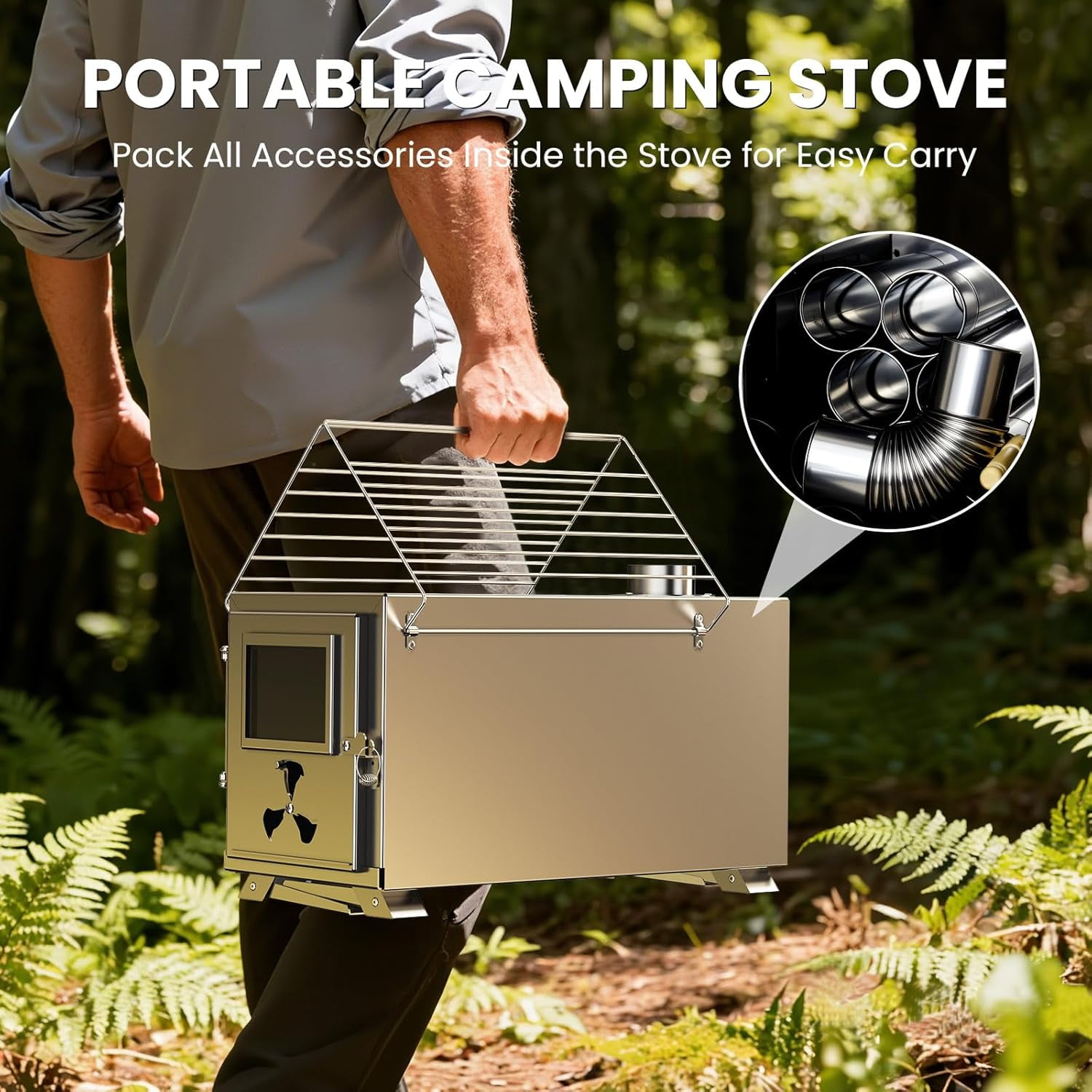 Mophoto Upgraded Wood Stove,Hot Tent Stove Camping Portable Stainless Steel Wood Burning Stove with 7 Chimney Pipes for Wall Tent Camping,Hunting,Heating,Cooking,Ice Fishing,Boiling Water