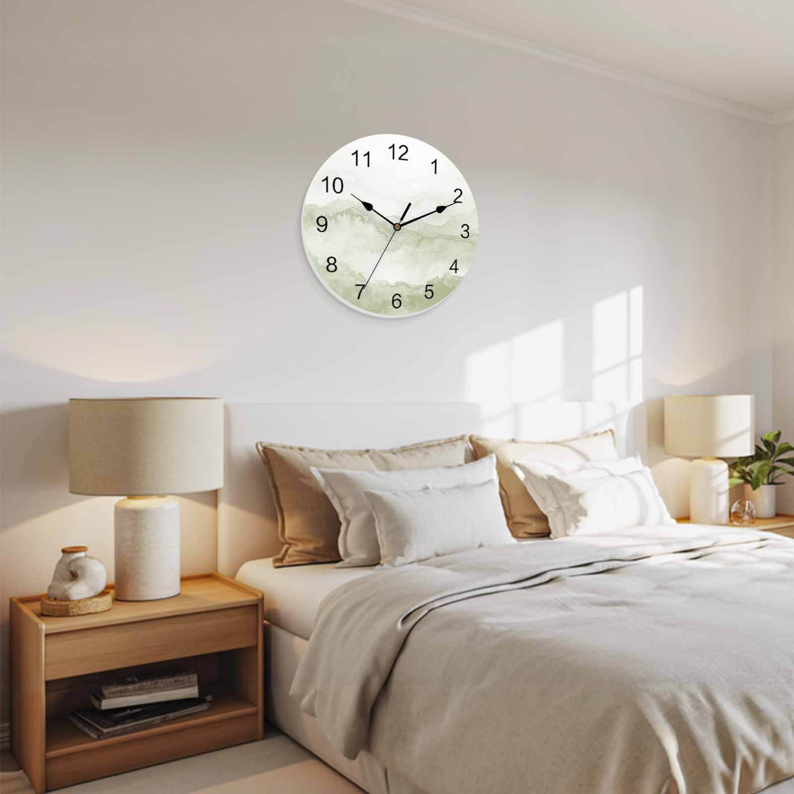 Wall Clock Sage Green Mountain Clocks PVC Silent Non-Ticking Battery Operated Decorative Ombre Abstract Natural Round Clock for Home Living Room Kitchen Bedroom Office School Wall Decor 10 Inch
