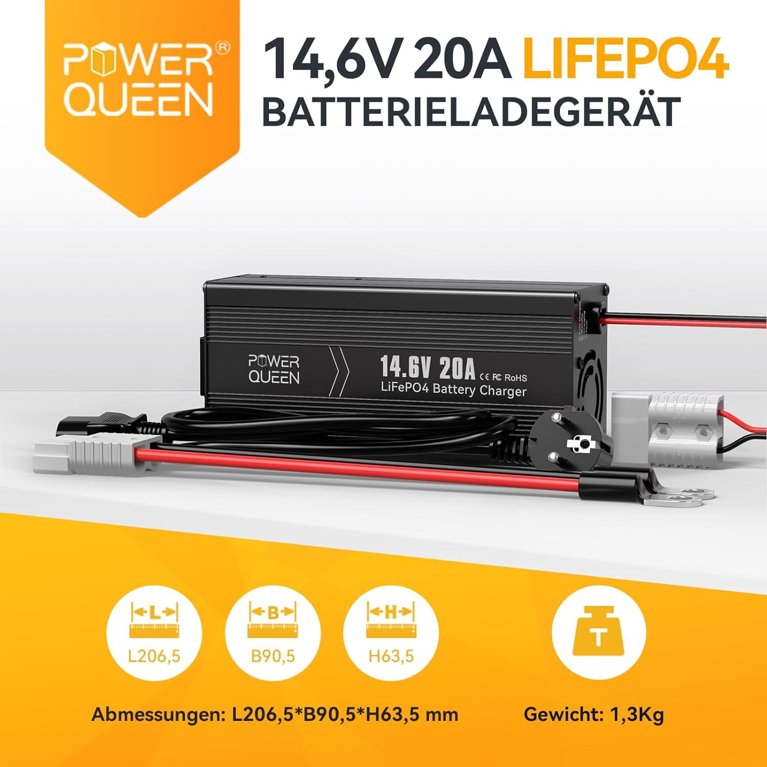 Power Queen 14.6V 20A LiFePO4 Battery Charger, 2-Stage Automatic Smart Battery Charger and Maintenance, LiFePO4 Lithium Batteries Charger, Suitable for 12V (12.8V) Lipo Lithium Iron Phosphate Battery