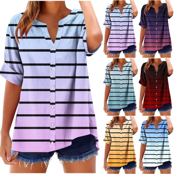 Paiwinds Women's V-Neck Printed Short Sleeve T-Shirt, Gradient Stripe Pattern Casual Top, Loose Fit Summer Fashion Tee