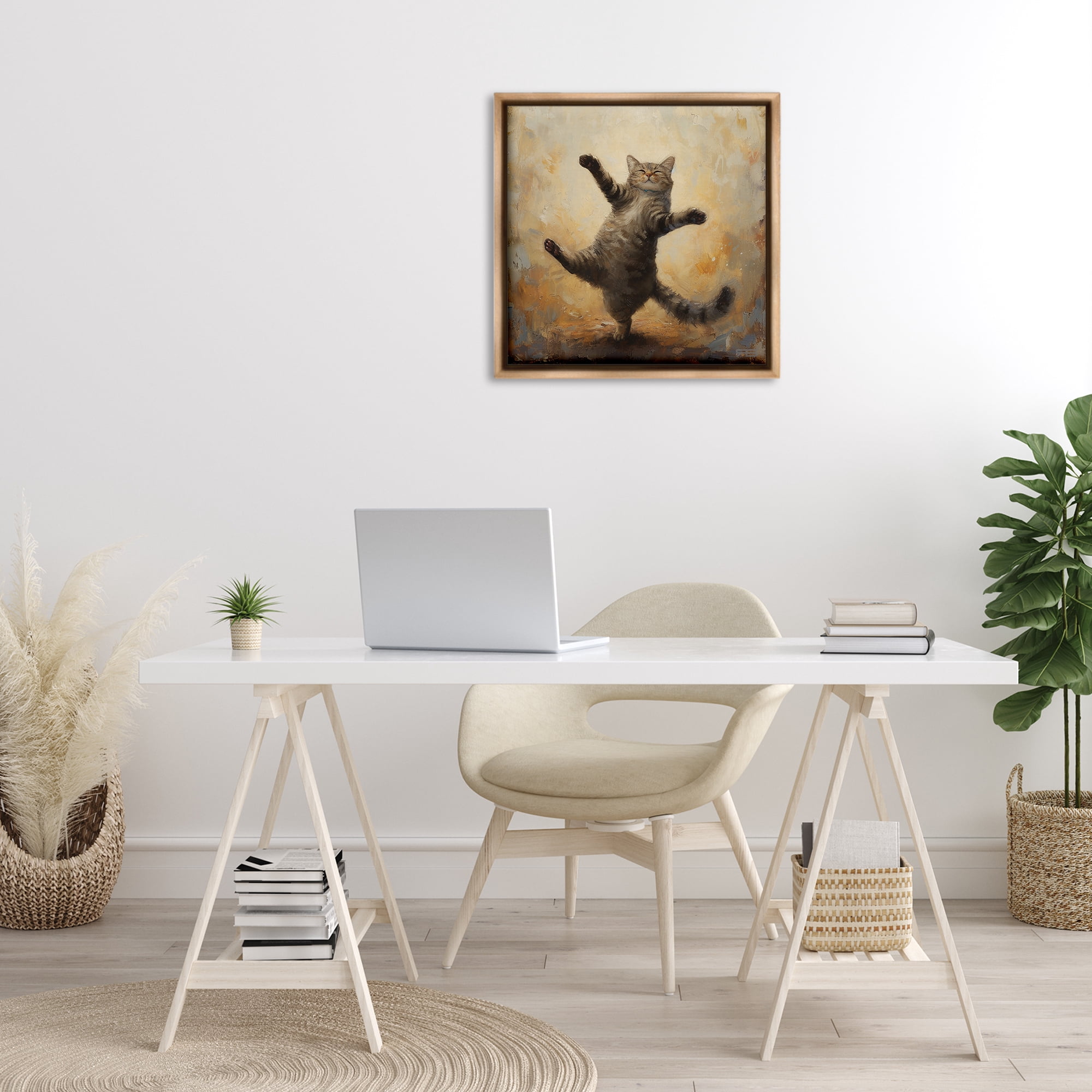 Stupell Industries Dancing Tabby Cat Animals & Insects Painting Brown Floater Framed Canvas Art Print Wall Art, 25 x 25