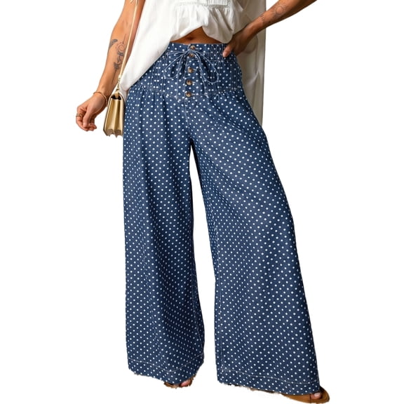 Women's Sky Blue Polka Dot Wide Leg Jeans – High Waist Denim Pants with Drawstring Detail, 16