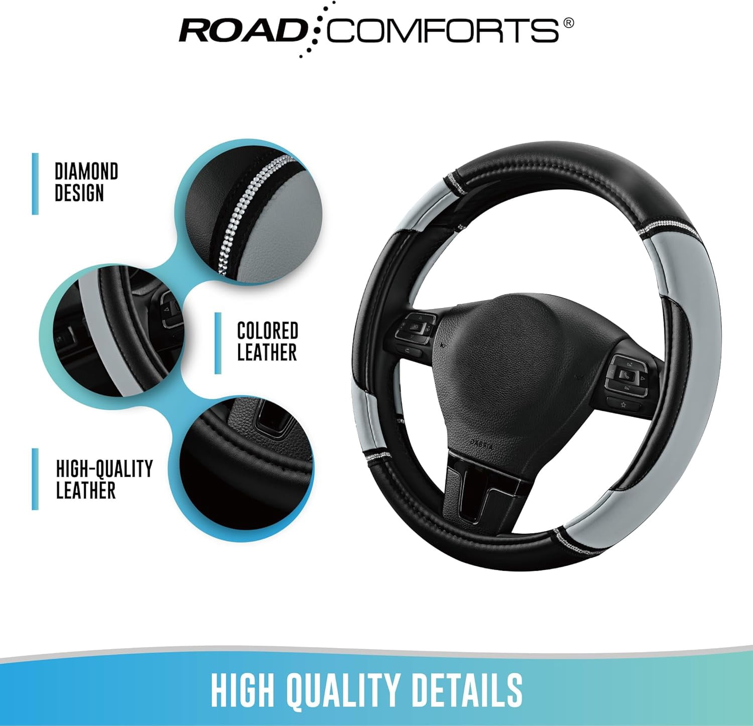 Leather Steering Wheel Cover - Made with PVC Leather - Anti-Slip, Universal Fit 14 1/2 inches to 15 inches - Gray
