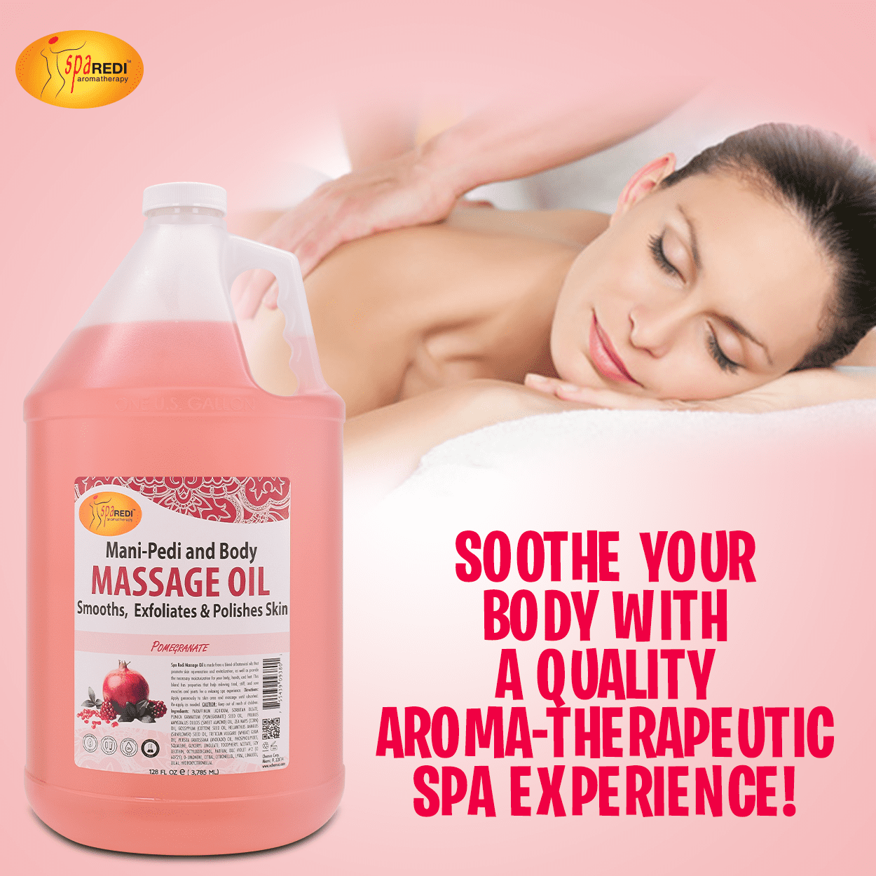 SPA REDI - Massage Oil, Pomegranate, 128 Oz - Professional Full Body Massage Therapy, Made with Almond Oil, Cotton Seed Oil, Sunflower Oil, Avocado Oil, Essential Oils and Vitamin E
