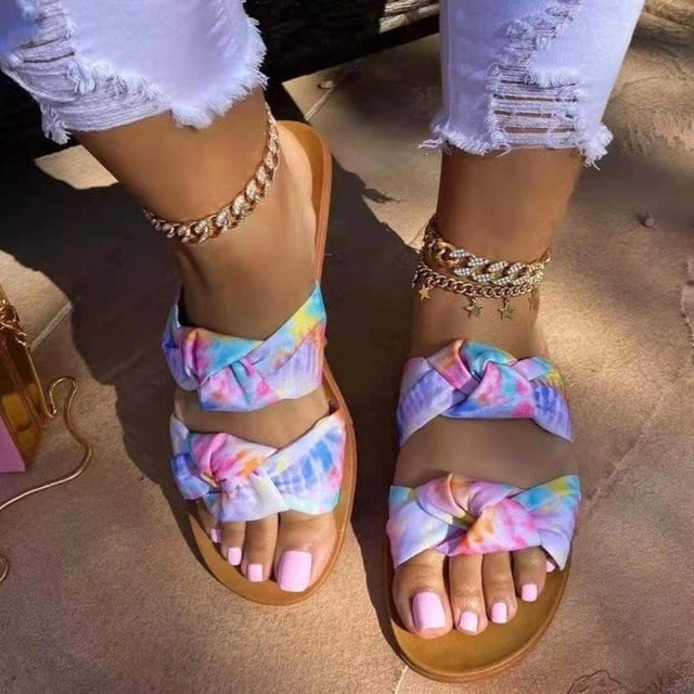 Womens Sandals Dressy Summer Slippers, Bow Knot Color Matching, Fashionable Beach Wear Women Rhinestone Flat Sandals on Clearance