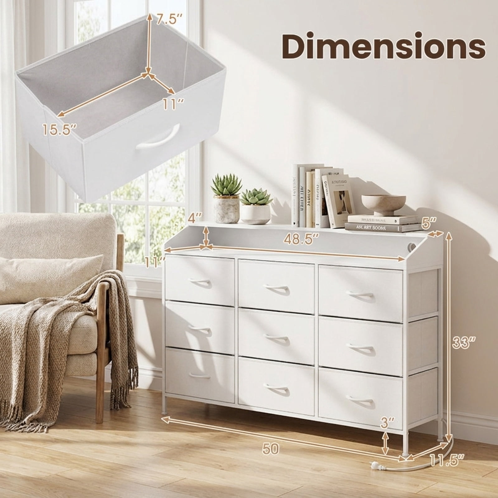 Furnibear Storage Organizer with LED Lights and 9 Fabric Drawers for Bedroom for Bedroom Closet Living Room Nursery Clothes Storage, White
