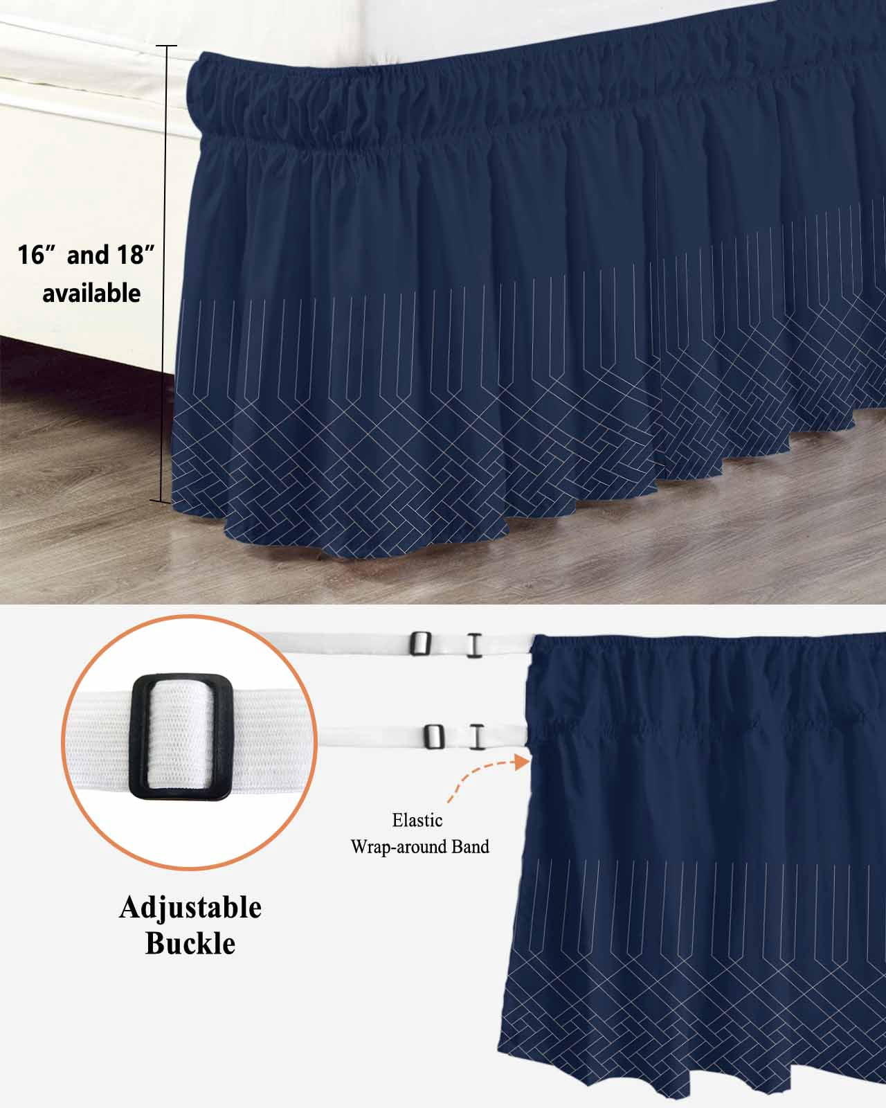 Navy Blue Bed Skirt California King Size 18" Drop Minimalism Geometric Texture Modern Art Ruffled Wrap Around Bed Skirts Adjustable Elastic Bedskirt Dust Ruffle for California King Size Bed