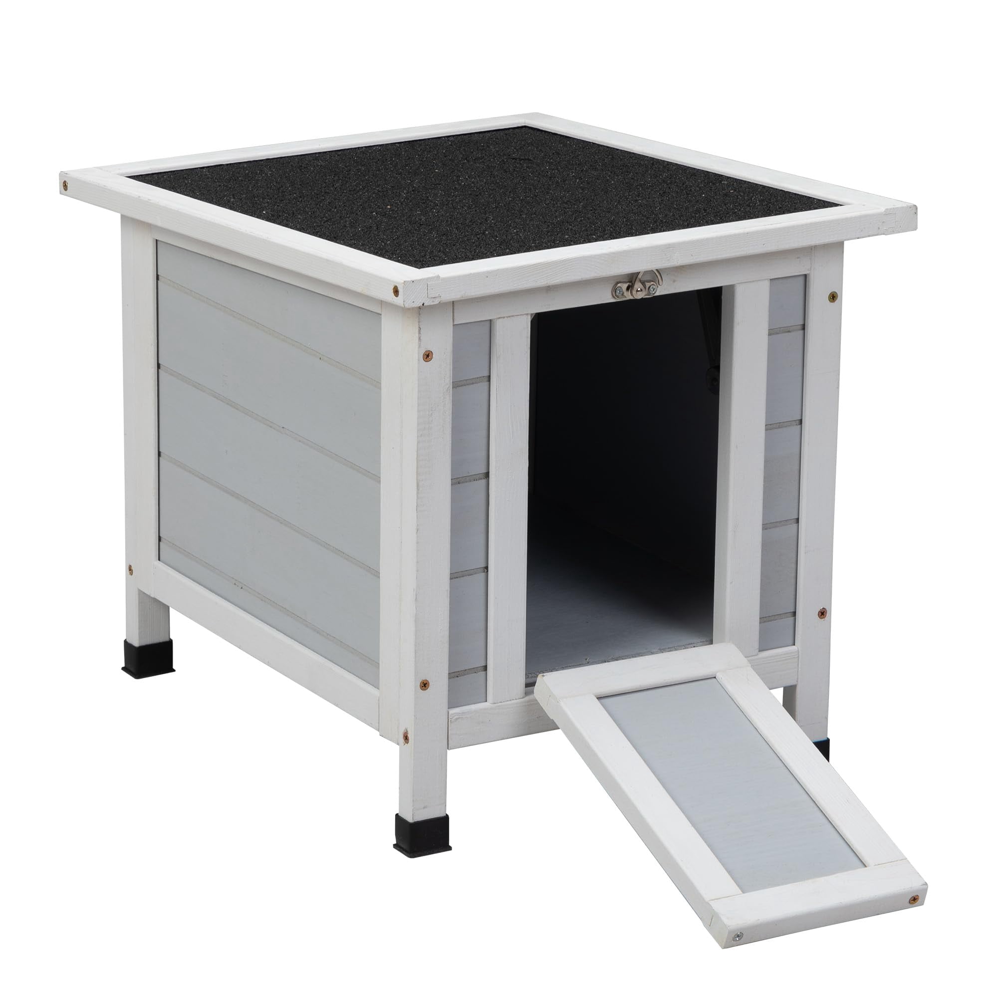 Wooden Outdoor Cat House Weatherproof Rabbit Hutch Bunny Cage Chicken Coop Shelter with Elevated Floor, for Feral Cats Rabbits Guinea Pigs Ducks, Grey