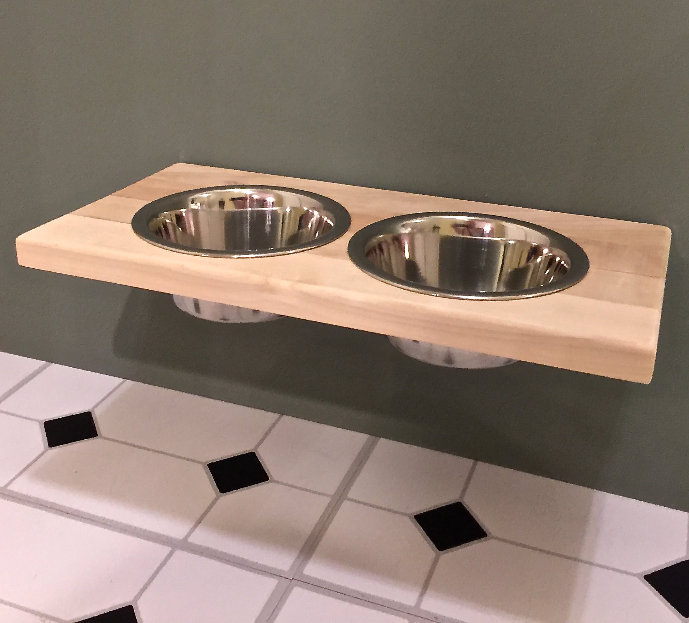 Chic, Floating, Wood, Height-Flexible Wall Mount Dog/Cat/Pet Food & Water Bowl Holder/Feeder with 3 S.S. Dishwasher-Safe Bowls (~ 2 Quart / 64 oz / 1890 ml) for Large Pets. 3-Screw Installation.