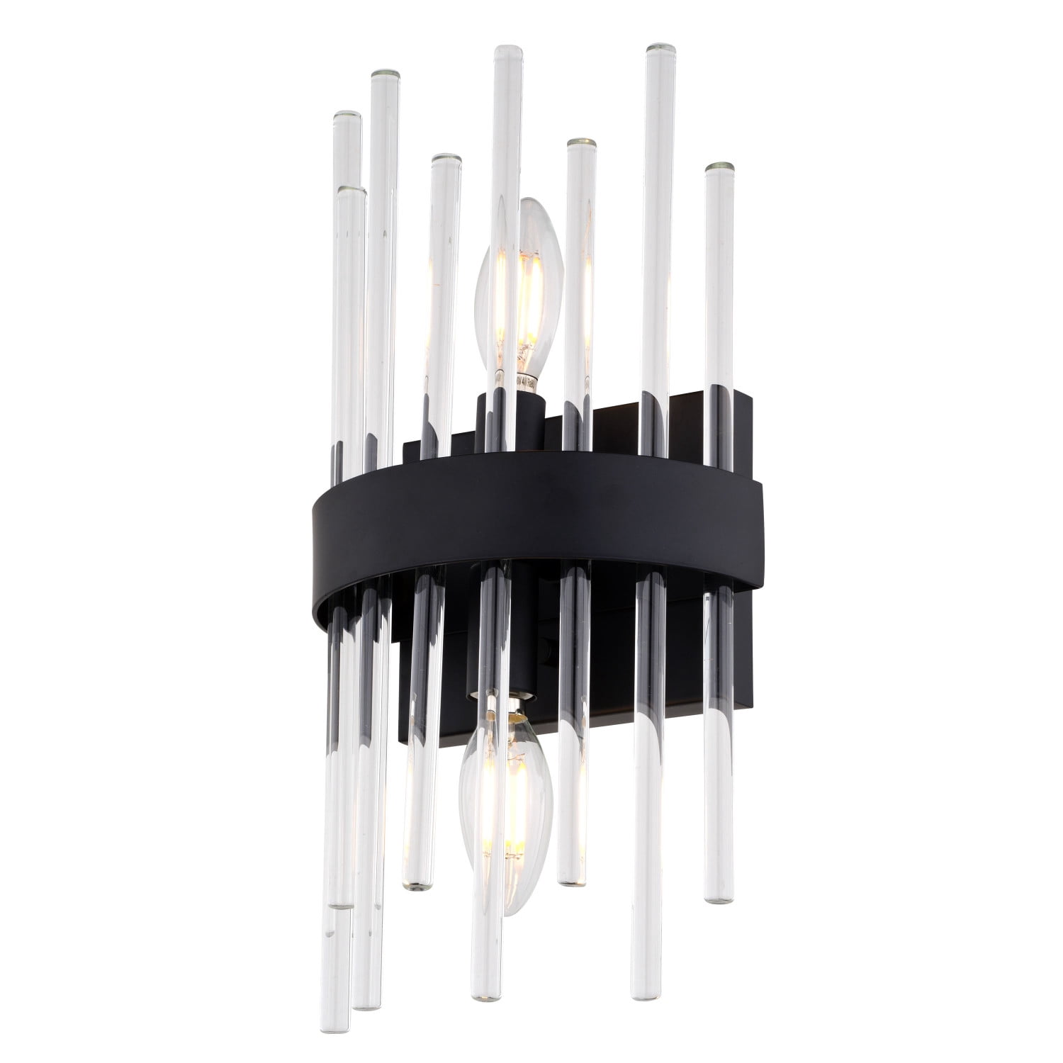 Delevan 2-Light 7.25 in. Wide Matte Black Modern Contemporary Wall Mounted Sconce with Clear Glass Rod Shade, Dimmable, LED Compatible, Metal Bathroom Vanity Lighting Fixture