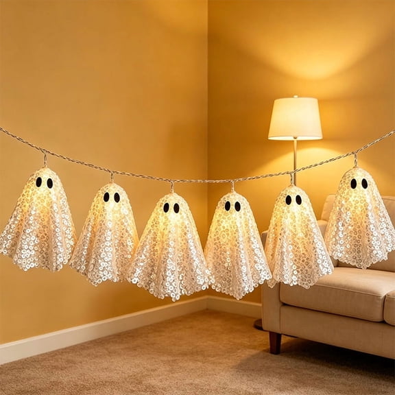 78.7 In Ghost LED String Lights, 10 Sequin Battery Operated Fairy Garland, Warm White Spooky Halloween Decor, Indoor Outdoor ornaments