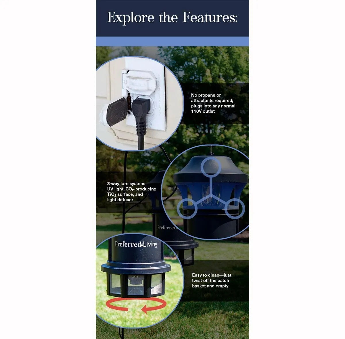 Preferred Living Insect Trap - Whisper-Quiet UV Light + CO₂ Lure + Powerful Fan | Chemical-Free, No Zapping | Covers Up to 1 Acre | All-Weather Outdoor Protection