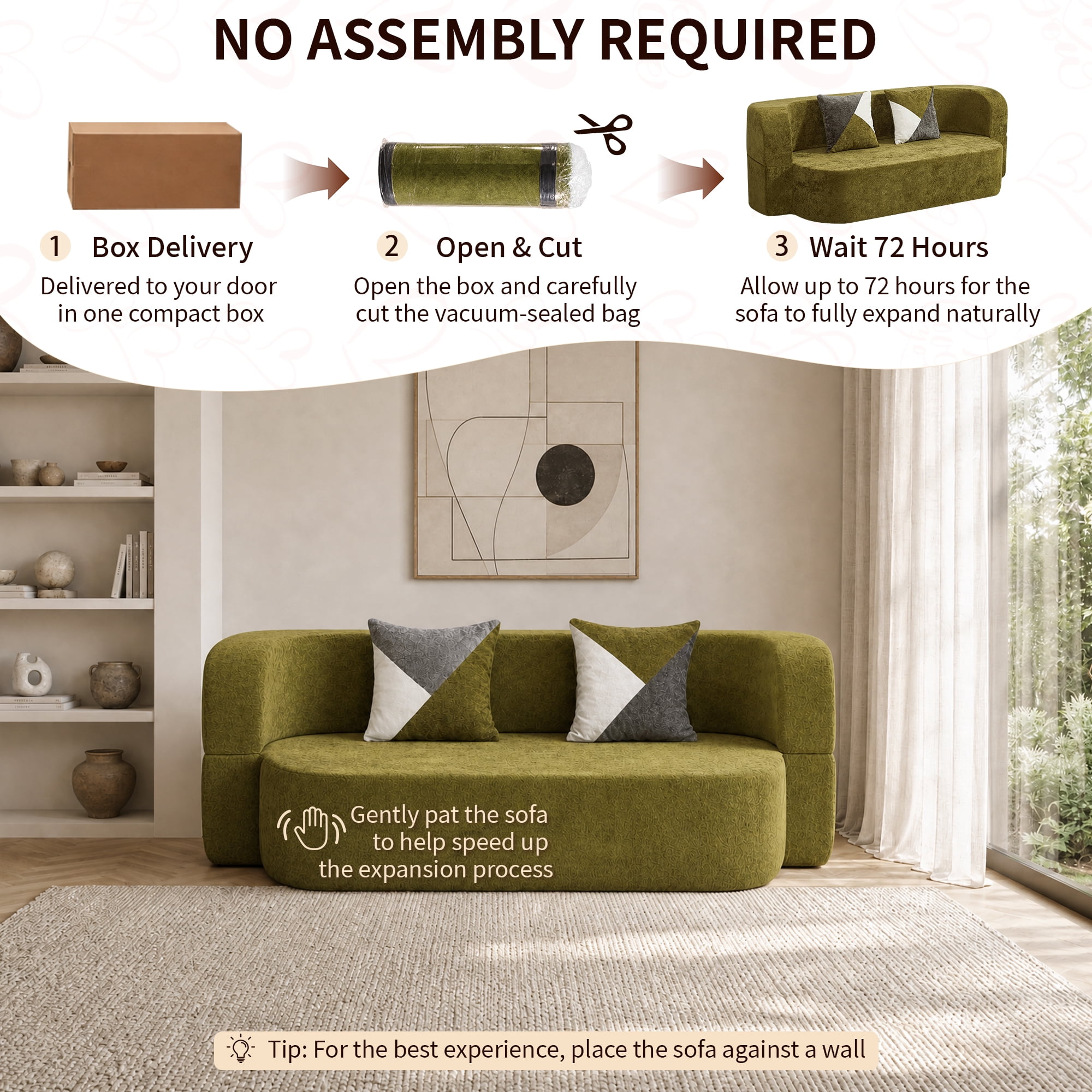 78.74"W Eggshell Convertible Sofa,Floor Couch,Sleeper Sofa Bed,No Assembly High-Density Sponge Loveseat with 2 Pillows for Living Room, Apartment,Small Spaces,Olive Green