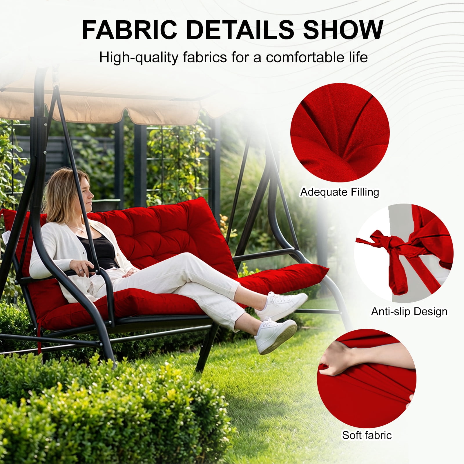 60in Outdoor Swing Cushions, Waterproof 4" Thick Porch Swing Cushion Replacement with Backrest and Ties, Comfortable 2-3 Seat Pation Swing Pad for Backyard, Garden, Lawn, Outdoor Furniture