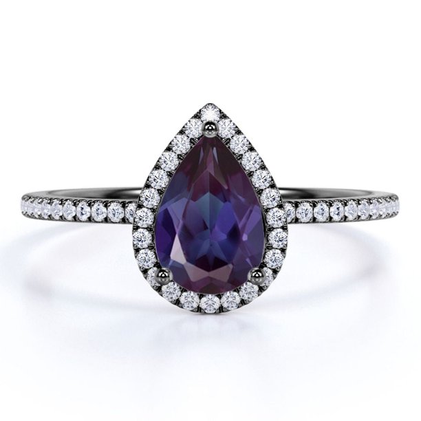JeenMata Enorme Anillo de Compromiso de Media Eternidad con Halo de Moissanita Natural y Alejandrita Creada en Laboratorio de 1,25 Quilates en Oro Negro de 18 K sobre Plata