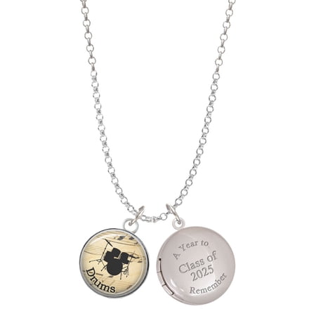 Delight Jewelry Silver-tone Domed Music – Drums – Class of 2025 Year to Remember Locket Charm Necklace 19+2 Extender