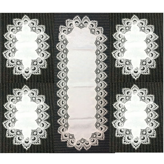 White Lace Embroidered Kitchen Table Placemats and Table Runner Set of 5 New