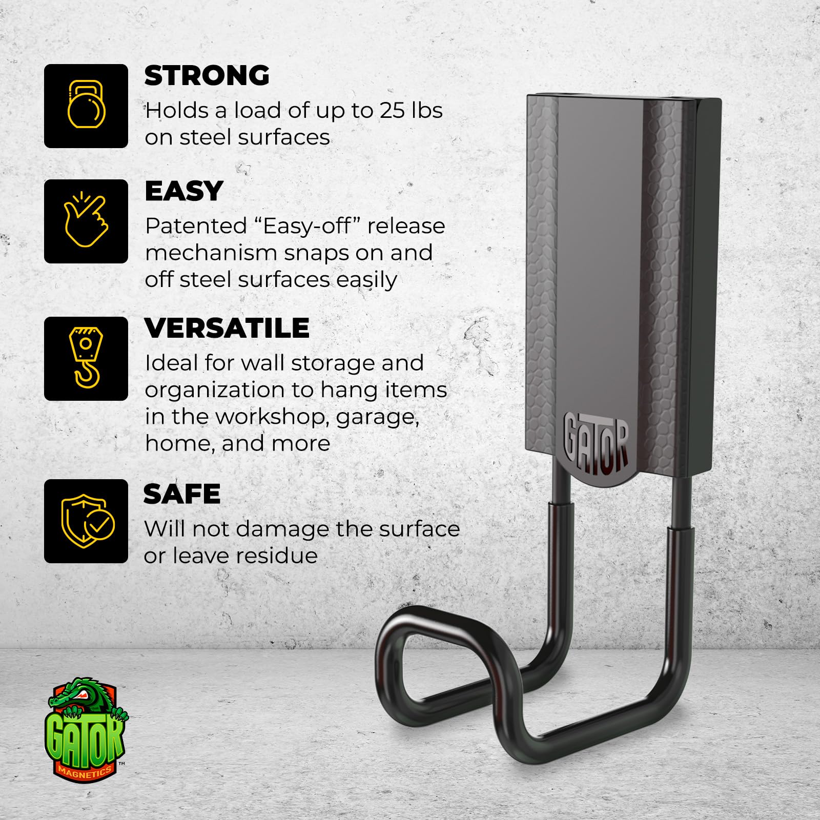 GATOR MAGNETICS Open Storage Hook: 4in. Black, The Ultimate Workshop & Garage Storage Systems, Heavy Duty Magnetic Hooks, Sturdy Tool Storage Solutions, 25lb Hold, for All Steel Surfaces