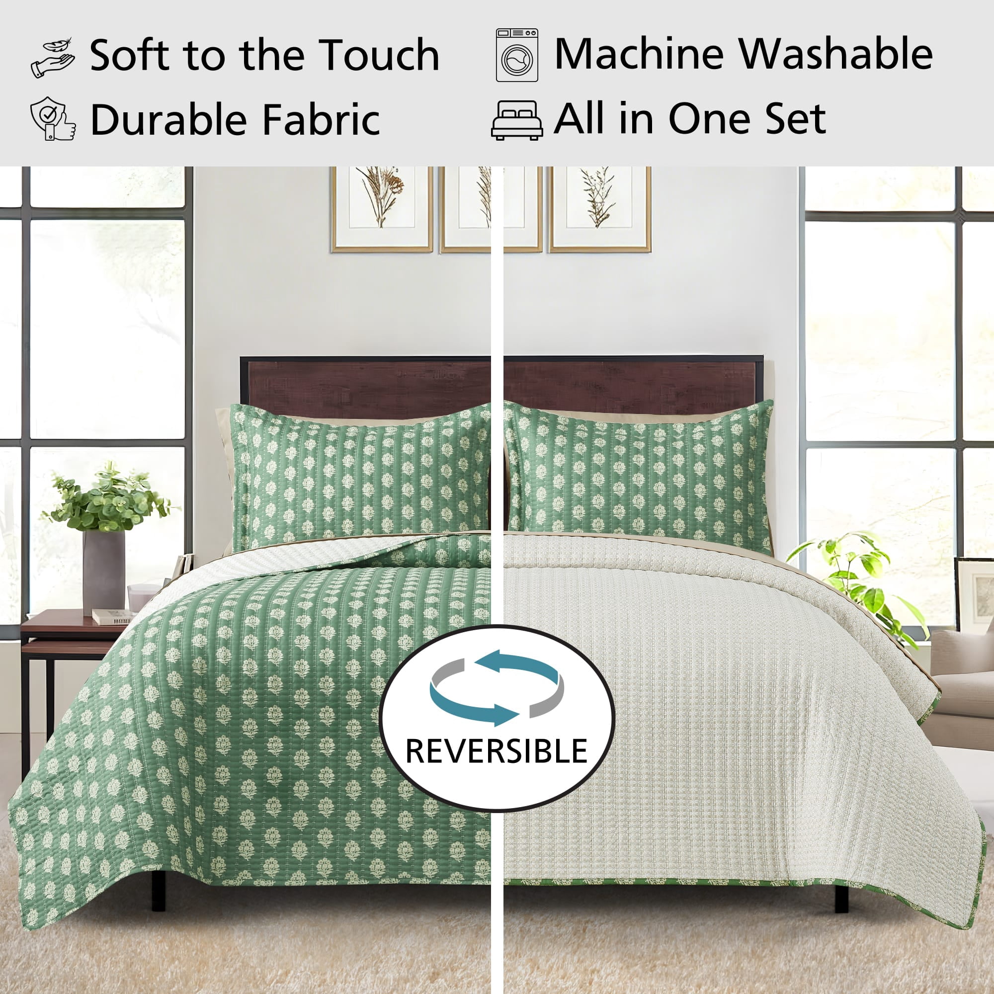 Mainstays All in One Lightweight Quilt Set and Sheet Set -7 Piece, Full, Green Floral