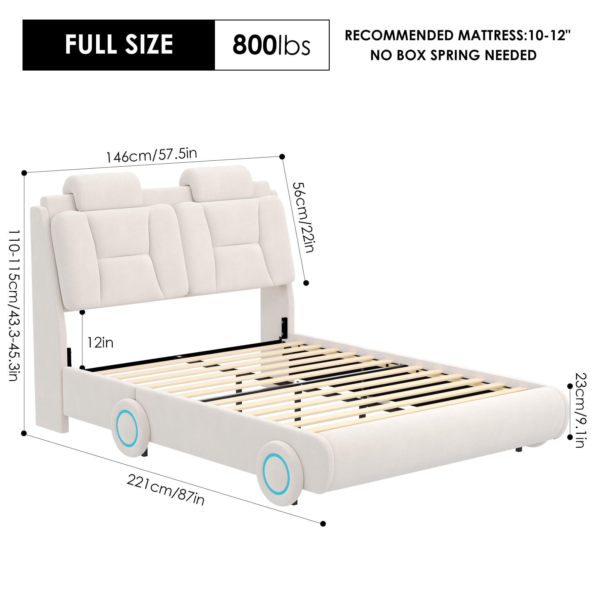 Homfa Full Size Car Bed Frame with LED Wheels, Velvet Upholstered Platform Bed with Adjustable Headboard and Removable Pillows, Beige