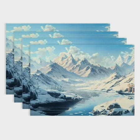 

Pratyus Snowy Landscape Mountains River 4pcs Linen Cloth Placemat Set for Birthday Parties Christmas Restaurants Buffets & Home Decoration 18x12in