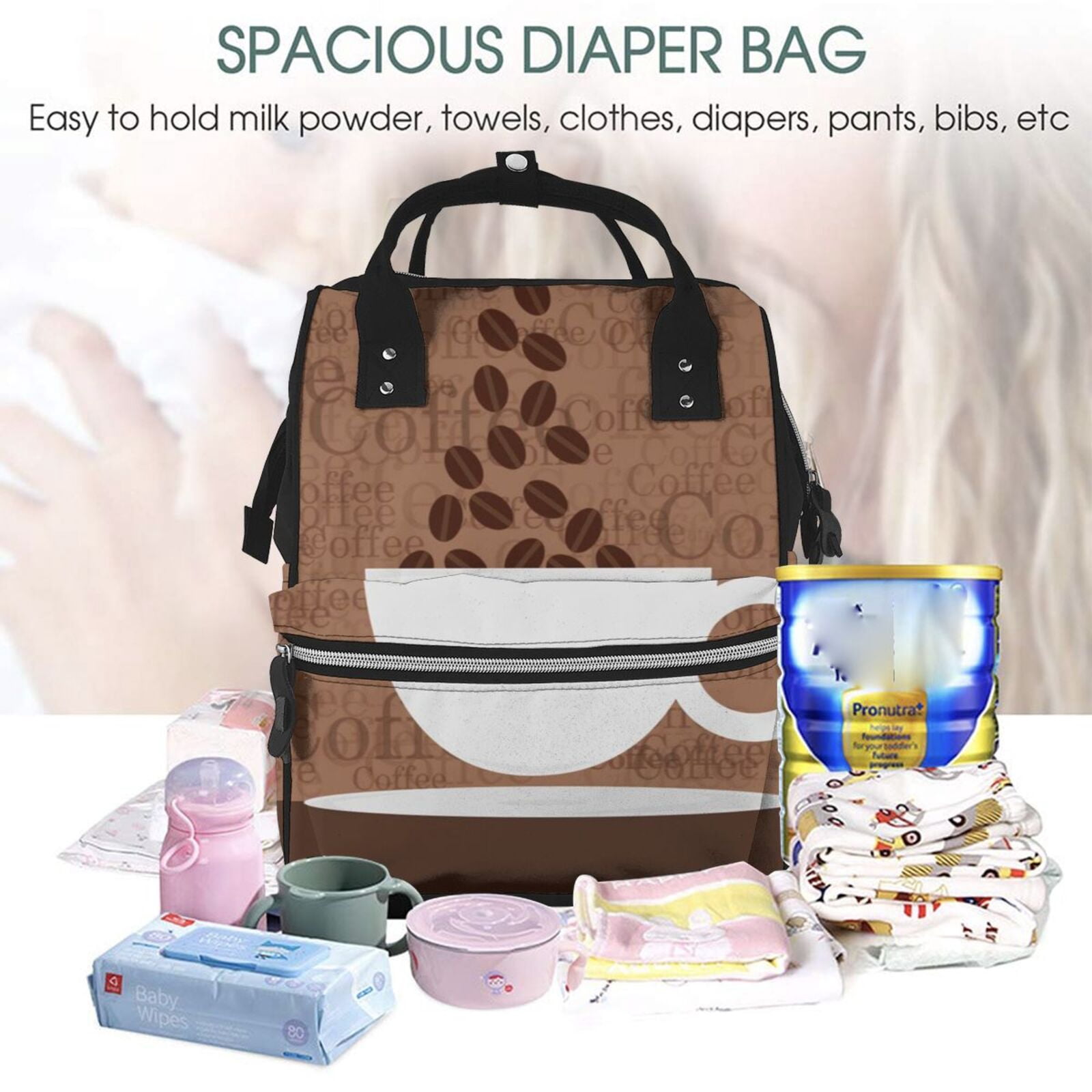 Ratiio Coffee Cafe Cup Mummy Backpack - Waterproof Twill Canvas, Large Capacity Diaper Bag with Multiple Pockets and Adjustable Straps