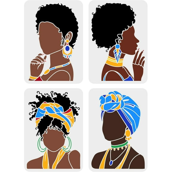 4 Pcs Beauty African Tribal Girl Painting Stencils 11.7x8.3 inch Young Girl Face Silhouette Stencil Reusable PET Hollow Out Craft Template for Painting on Wall Wood Furniture colorful