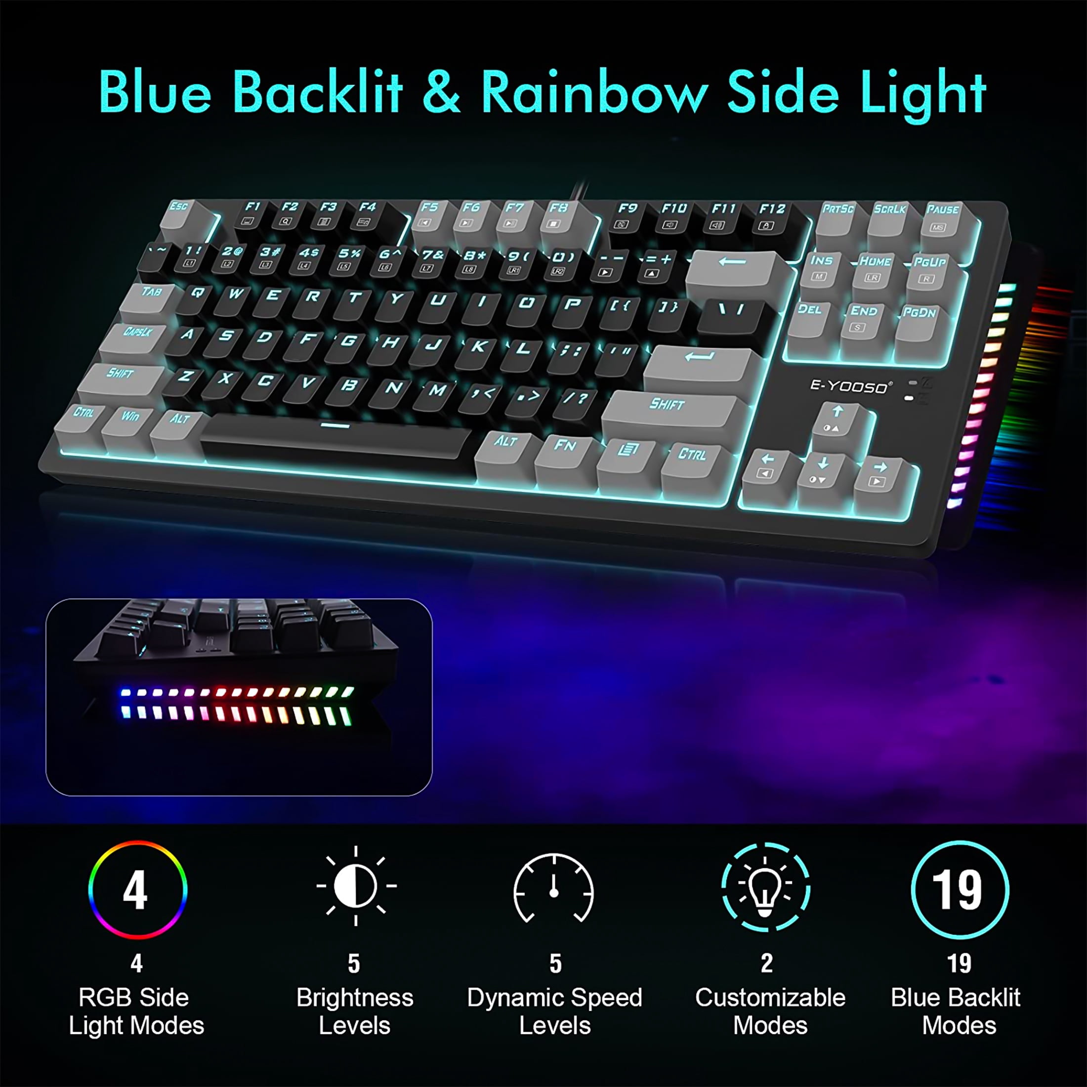 Mechanical Gaming Keyboard, E-YOOSO Wired 75% Mechanical Keyboard with Blue Switches, 87 Keys Gaming Keyboard with Solid Color Backlit & RGB LED Sidelight for Windows Mac PC Gaming