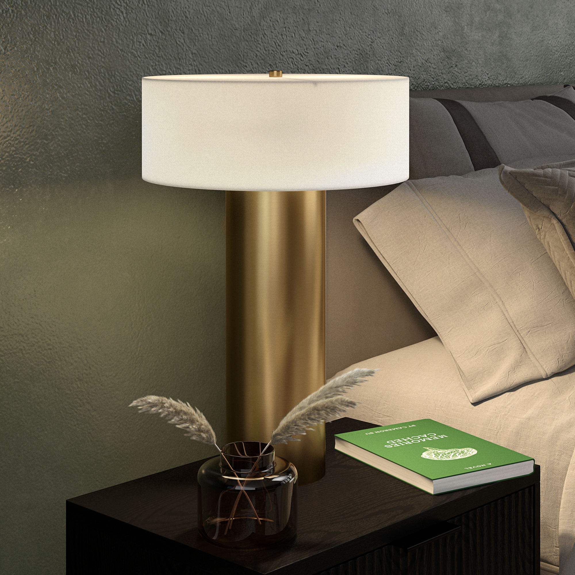 Wells 24" Tall Table Lamp with Fabric Shade in Brass/White