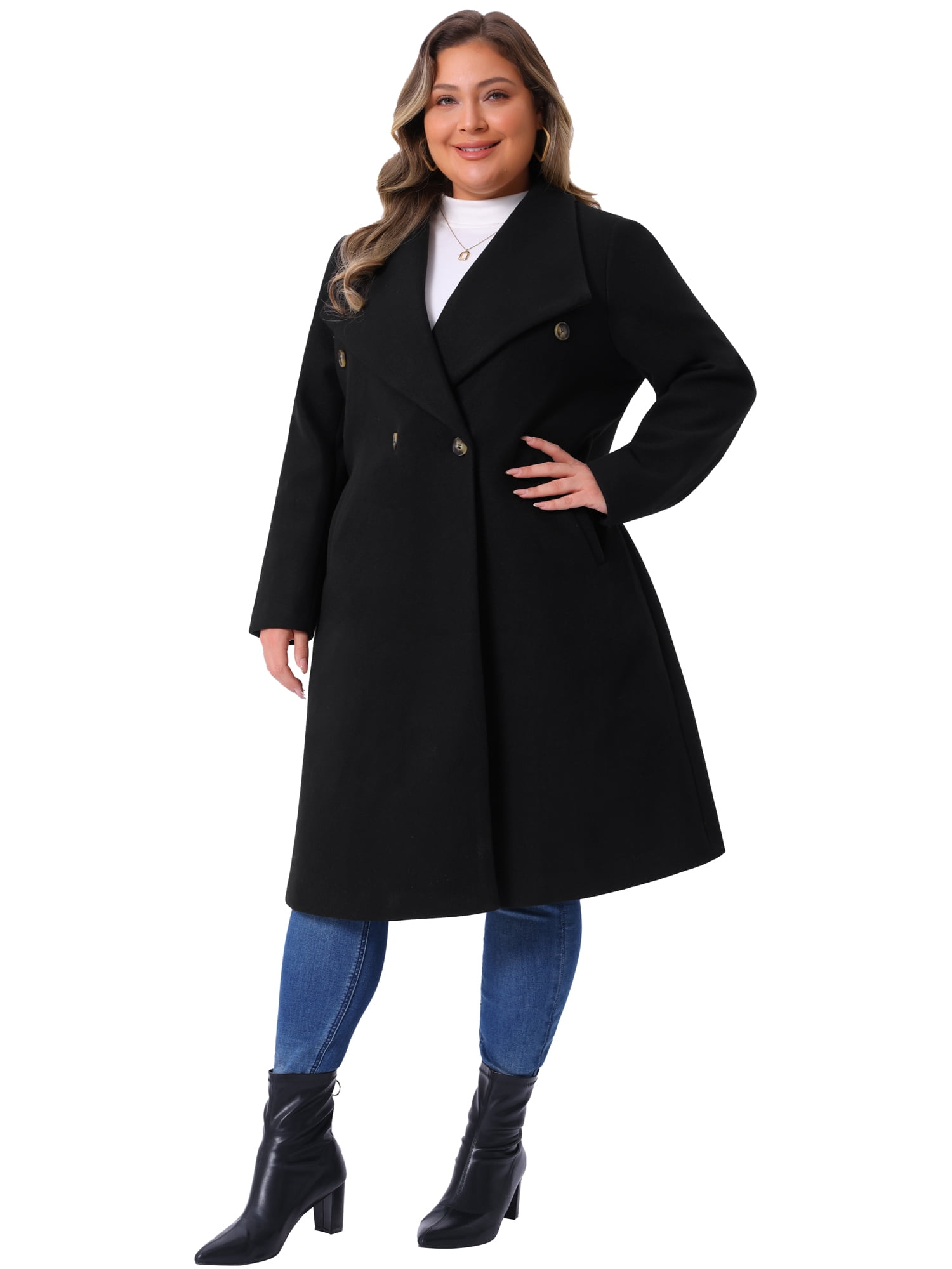 DARING DIVA Women's Plus Size Classic Notch Lapel Double Breasted Trench Coat 4X Black