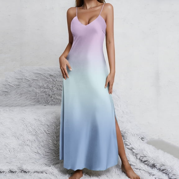 Maqroz Womens Summer Dresses Maxi Gradient Color Spaghetti Strap V Neck Dress Loose Side Split Long Office Summer Beach Travel Dresses Summer Sleepwear Multicolor S