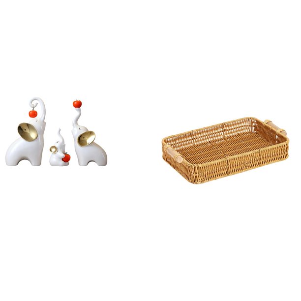 Esculturas De Familia De Elefantes Y Juego De Cestas De Frutas Tejidas Para Decoración De Escritorio, Figuras De Animales Y Cuenco Para Servir Aperitivos Para Sala De Estar Y Dormitorio.