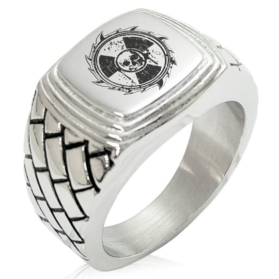 Stainless Steel Radioactive Sawblade Skull Geometric Pattern Step-Down Biker Style Polished Ring