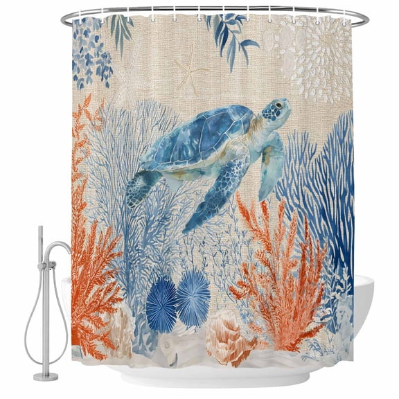 Small Stall Shower Curtain 48x72 Inch Narrow Half Size Sea Turtle Coastal Bath Curtains Bathroom Decor, Summer Beach Coral Nautical Farmhouse Waterproof Fabric Shower Curtain Set with Hooks 48 Inch
