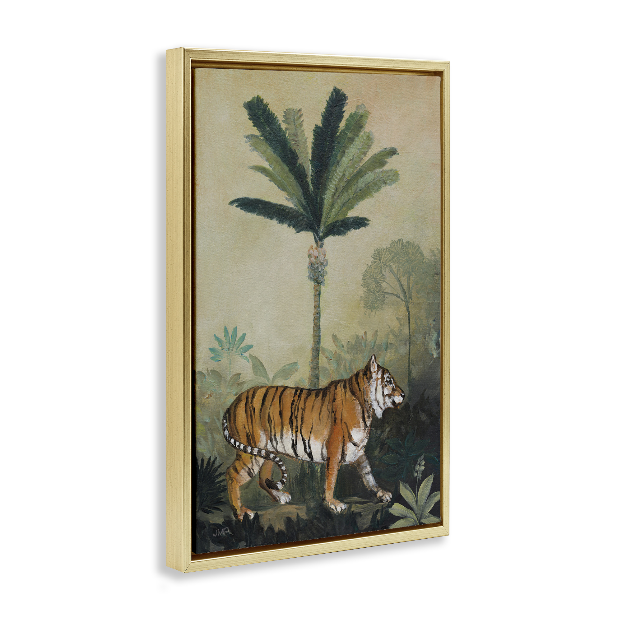 Stupell Industries King Of Jungle Tiger Landscape Painting Gold Floater Framed Canvas Art Print Wall Art, 21 x 31