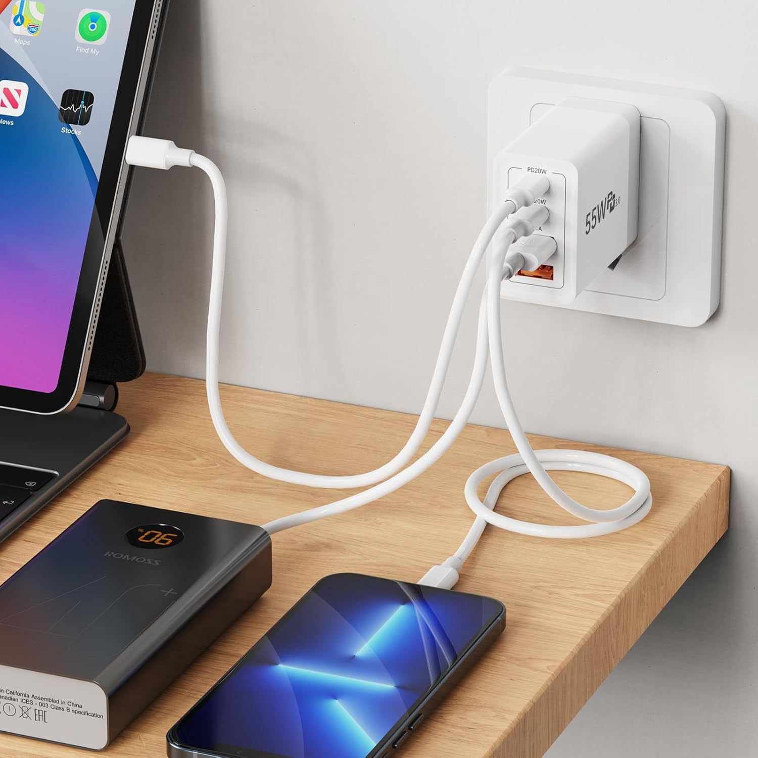 RGHJAR-USB C Wall Charger, 55W 4-Port Fast USB C Charger Block, Dual Port QC 3.1A + PD 20W Power Adapter Multiport Type C Charging Block Cable for iPhone 17 16 15 14 13 12 11 Pro Max XR XS 8, Samsung