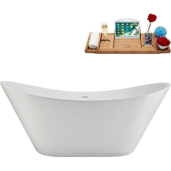 67" Streamline NB6280BGL Soaking Glossy White Freestanding Tub and Tray With Internal Drain in Brushed Gold